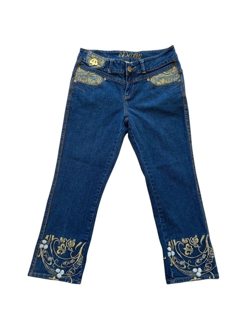 House of Deréon Beyoncé capri blue jeans fold low rise stretchy denim size 5/6